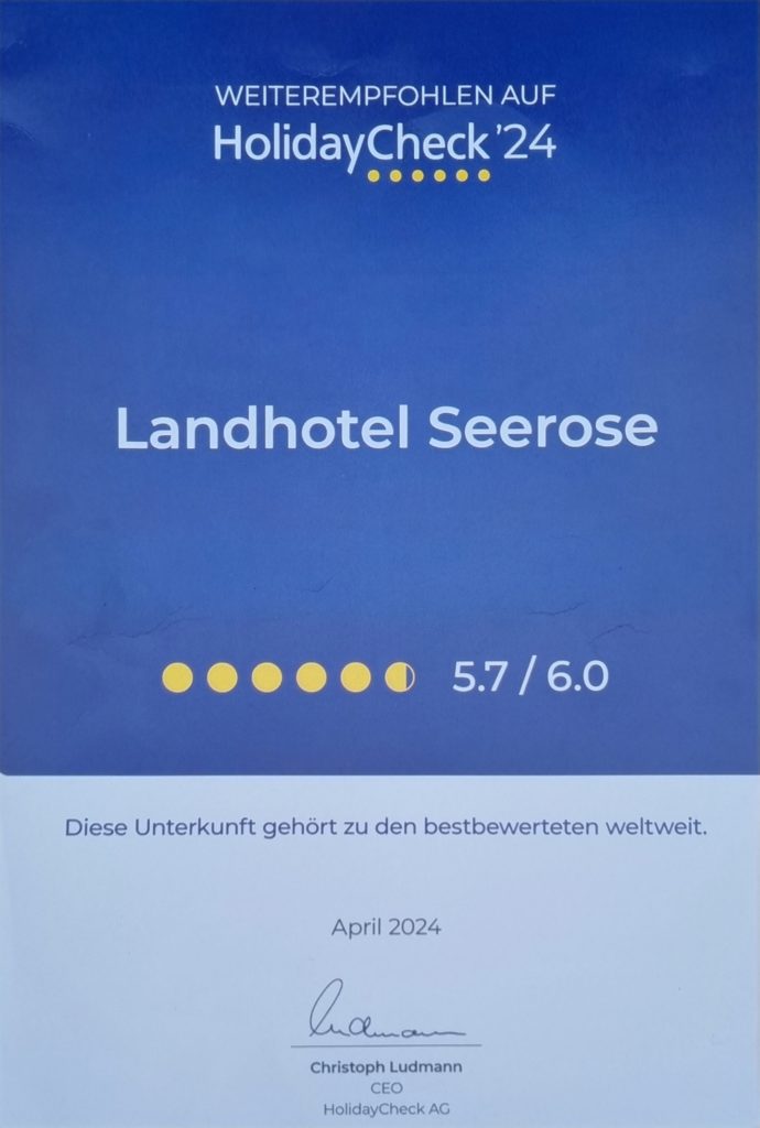 Urkunde von HolidayCheck'24 für weltweit best-bewerteten Hotels